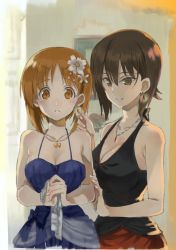 Rule 34 | 10s, 2girls, bare arms, bare shoulders, black dress, blue dress, blush, bow, breasts, brown eyes, brown hair, cleavage, collarbone, cosmic (crownclowncosmic), dress, earrings, flower, formal, girls und panzer, gloves, hair between eyes, hair flower, hair ornament, hand on another&#039;s arm, hand on another&#039;s shoulder, highres, indoors, jewelry, large breasts, looking at viewer, medium breasts, multiple girls, necklace, nishizumi maho, nishizumi miho, own hands together, parted lips, pendant, short hair, siblings, single earring, sisters, smile, tareme, tsurime