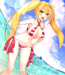 Rule 34 | 1girl, blonde hair, blush, breasts, cleavage, collarbone, fate/grand order, fate (series), green eyes, highres, large breasts, long hair, looking at viewer, miya sakaori, navel, nero claudius (fate), nero claudius (fate) (all), nero claudius (swimsuit caster) (fate), open mouth, signature, smile, solo, twintails