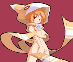 Rule 34 | 1girl, blush, breast hold, breasts, covering breasts, covering crotch, covering privates, kitsune choukan, looking at viewer, medium breasts, nude, nude cover, orange hair, orange scarf, original, red background, red eyes, scarf, short hair, simple background, solo, striped clothes, striped scarf