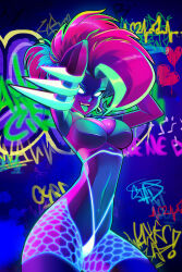 Rule 34 | 1girl, absurdres, arms behind head, big hair, blipsqueek, breasts, cleavage, collaboration, colored tongue, commentary, cyberpunk, earrings, english commentary, fishnets, glowing, glowing eyes, graffiti, green tongue, highres, jewelry, large breasts, linea alba, mohawk, moika (moikaloop), moikaloop, multicolored hair, no pupils, original, pink hair, raver, solo, thick thighs, thighs, tongue, tongue out, triangle earrings, two-tone hair, ultraviolet light, wide hips