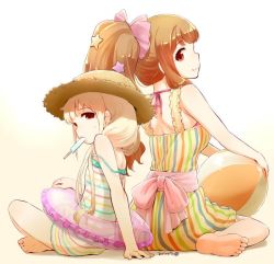 Rule 34 | 10s, 2015, 2girls, arm support, artistic error, ball, bare shoulders, barefoot, beachball, blonde hair, bow, brown eyes, brown hair, dated, dress, feet, food, futaba anzu, hair bow, hat, idolmaster, idolmaster (classic), idolmaster cinderella girls, indian style, innertube, leaning back, long hair, looking at viewer, moroboshi kirari, mouth hold, multicolored stripes, multiple girls, nagian, off shoulder, popsicle, sitting, smile, soles, strap slip, straw hat, striped clothes, striped dress, sundress, sweatdrop, swim ring, swimsuit, swimsuit under clothes, takatsuki yayoi, toes, twintails, vertical-striped clothes, vertical-striped dress, wariza