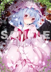 Rule 34 | 1girl, adapted costume, bat wings, bed sheet, blue hair, blush, bow, bowtie, center frills, closed mouth, cowboy shot, dappled sunlight, dress, english text, frilled hat, frilled sleeves, frills, from above, hat, head tilt, long sleeves, looking at viewer, lying, mob cap, nanase nao, on back, own hands together, pink bow, pink bowtie, pink dress, pink hat, remilia scarlet, sample watermark, short hair, smile, solo, sunlight, text focus, touhou, tsurime, vampire, watermark, wide sleeves, wings