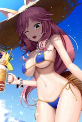 Rule 34 | 1girl, absurdres, animal ear fluff, animal ears, bikini, blue bikini, blue sky, breasts, cup, day, ears through headwear, fang, fate/grand order, fate (series), fox ears, fox girl, fox print, fox tail, hat, highres, holding, holding cup, large breasts, navel, one eye closed, open mouth, outdoors, pink hair, sanpeita, side-tie bikini bottom, sky, solo, standing, straw hat, sun hat, swimsuit, tail, tamamo (fate), tamamo no mae (fate/extra), tamamo no mae (swimsuit lancer) (fate), yellow eyes