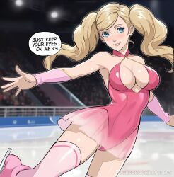 Rule 34 | 1girl, bare shoulders, blonde hair, blue eyes, blurry, blurry background, breasts, crowd, english text, grin, highres, ice skates, ice skating, large breasts, leotard, lepypepy, looking at viewer, outstretched arm, persona, persona 5, pink leotard, pink thighhighs, skates, skating, skating rink, smile, solo, speech bubble, stadium, takamaki anne, thighhighs, twintails