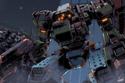 Rule 34 | absurdres, armored core, armored core 6, cosmo-5, damaged, glowing, gun, highres, holding, holding gun, holding weapon, junkyard, mecha, mecha focus, no humans, robot, rust, signature, weapon