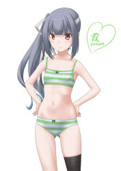 Rule 34 | 1girl, artist logo, black thighhighs, bra, breasts, brown eyes, collarbone, cowboy shot, dress, gluteal fold, green bra, green panties, grey hair, hands on own hips, highres, kantai collection, kasumi (kancolle), long hair, looking at viewer, navel, panties, shirt, side ponytail, simple background, single thighhigh, small breasts, solo, striped bra, striped clothes, striped panties, t2r, thighhighs, training bra, underwear, underwear only, white background