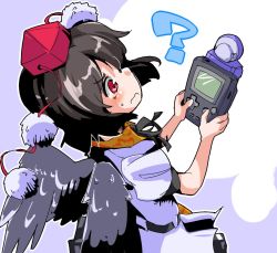 Rule 34 | 1girl, ?, black hair, black wings, commentary, game boy, game boy (original), handheld game console, hat, pocket camera (nintendo), pom pom (clothes), puffy short sleeves, puffy sleeves, red eyes, shameimaru aya, shinapuu, shirt, short hair, short sleeves, silver background, simple background, solo, tokin hat, touhou, wavy mouth, white background, white shirt, wings