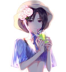 Rule 34 | 1girl, absurdres, bad id, bad pixiv id, bikini, black bikini, black hair, blue ribbon, closed mouth, collarbone, cup, drinking straw, flat chest, flower, hachiware, hair between eyes, hair flower, hair ornament, hat, highres, holding, holding cup, idolmaster, idolmaster (classic), kikuchi makoto, looking at viewer, midriff, purple eyes, ribbon, rose, see-through, short hair, short sleeves, simple background, smile, solo, stomach, swimsuit, upper body, white background, white flower, white hat, white rose