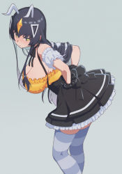 Rule 34 | 1girl, :o, black bow, black bowtie, black hair, blush, bow, bowtie, breasts, cleavage, dress, frilled dress, frills, grey background, hair between eyes, hair ornament, hands on own hips, headpiece, highres, himokawa udon, horns, large breasts, leaning forward, long hair, parted lips, simple background, solo, striped clothes, striped dress, thighhighs, ultra kaijuu gijinka keikaku, ultra series, yellow eyes, zetton