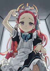 Rule 34 | 1girl, apron, arm up, black dress, blue archive, blush, bow, closed mouth, clothes lift, corrupted twitter file, dress, dress lift, forehead, hair bow, halo, highres, lifting own clothes, long hair, looking at viewer, maid, maid headdress, purple eyes, red hair, short sleeves, sketch, solo, sweat, syhan, very long hair, white apron, white bow, yuzu (blue archive), yuzu (maid) (blue archive)