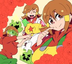 Rule 34 | 3girls, 5-volt, :d, apron, breasts, brown eyes, brown hair, chicken-rib, firing, flower, green pants, hair ornament, hairclip, highres, hood, hoodie, japanese clothes, kimono, large breasts, looking at viewer, multiple girls, nintendo, open mouth, pants, rose, safety glasses, short hair, smile, warioware, yellow apron