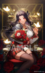 Rule 34 | 1girl, belt, black hair, black thighhighs, bouquet, bracelet, breasts, bug, butterfly, chest belt, cleavage, collarbone, collared shirt, copyright notice, dark-skinned female, dark skin, earrings, feet out of frame, flower, gold belt, gold choker, gold necklace, holding, holding bouquet, insect, jacket, jewelry, large breasts, long hair, long sleeves, looking at viewer, mole, mole on breast, mole under eye, multicolored nails, multiple moles, nail polish, necklace, nijisanji, nijisanji en, official art, open clothes, open collar, open jacket, parted bangs, parted lips, red eyes, red flower, red nails, red rose, red skirt, riz3, rose, sample watermark, scarle yonaguni, scarle yonaguni (1st costume), shirt, shirt tucked in, sitting, skirt, smile, solo, thighhighs, throne, two-tone skirt, virtual youtuber, wand, watermark, wavy hair, white belt, white flower, white jacket, white nails, white rose, white shirt, white skirt
