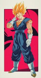 Rule 34 | 1boy, baggy pants, biceps, black background, blonde hair, blue pants, blue sash, boots, border, bure (fantasticyouth7), closed mouth, commentary request, dougi, dragon ball, dragonball z, earrings, full body, gloves, green eyes, hand up, head tilt, highres, jewelry, looking at viewer, male focus, muscular, muscular male, orange shirt, outside border, pants, pectorals, potara earrings, red background, sash, shirt, short sleeves, simple background, smile, smirk, solo, spiked hair, standing, super saiyan, super saiyan 1, v-shaped eyebrows, vegetto, white border, white footwear, white gloves