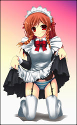 Rule 34 | braid, brown hair, clothes lift, dress, dress lift, garter belt, mabinogi, maid, maid headdress, panties, red eyes, solo, striped clothes, striped panties, thighhighs, triona, twin braids, umitsubame, underwear