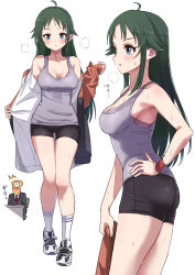Rule 34 | 1girl, 1other, ^^^, absurdres, aged up, ahoge, ass, bare arms, bare shoulders, bike shorts, black footwear, black jacket, black shorts, blue eyes, blush, breasts, chair, cleavage, collarbone, collared shirt, commentary request, formal, green hair, hand on own hip, highres, holding, holding clothes, holding jacket, idolmaster, idolmaster cinderella girls, jacket, unworn jacket, long hair, long sleeves, medium breasts, multiple views, nanjo hikaru, necktie, nose blush, office chair, on chair, open clothes, open jacket, p-head producer, pizzasi, producer (idolmaster), purple tank top, red neckwear, shirt, shoes, short shorts, shorts, sitting, sleeves past wrists, socks, suit, sweat, swivel chair, tank top, translated, undressing, very long hair, white background, white legwear, white shirt