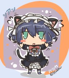 Rule 34 | 10s, 1girl, animal ears, bad id, bad pixiv id, cat ears, cat tail, cyan (show by rock!!), green eyes, hoto hakku, maid, maid headdress, pantyhose, purple hair, show by rock!!, simple background, striped clothes, striped legwear, striped pantyhose, tail