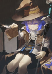 Rule 34 | 1girl, absurdres, black hat, blue hair, brown cape, brown cloak, cape, cloak, closed eyes, feet out of frame, hair between eyes, hat, highres, holding, holding staff, long hair, mage staff, mushoku tensei, roxy migurdia, sitting, solo, staff, thighs, wannatchears, witch hat