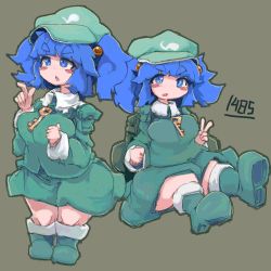 Rule 34 | &gt;:o, 1girl, :o, backpack, bad id, bad twitter id, bag, bergehetzer, blue eyes, blue hair, blush stickers, boots, breasts, cabbie hat, freckles, hair bobbles, hair ornament, hat, kawashiro nitori, key, looking at viewer, medium breasts, multiple views, plump, short hair, sitting, skirt, thick eyebrows, touhou, two side up, v-shaped eyebrows, wide hips