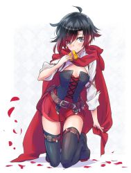 Rule 34 | 1girl, bandolier, belt, black hair, blouse, boots, box, breasts, bullet, cape, cleavage, cloak, corset, dress, eyes visible through hair, flower, full body, gradient hair, grey eyes, hair between eyes, heart, heart-shaped box, highres, hood, hooded cloak, iesupa, kneeling, multicolored hair, petals, red cape, red dress, red hair, rose, rose petals, ruby rose, rwby, shirt, short hair, sleeves rolled up, solo, thigh boots, thigh strap, thighhighs, two-tone hair, white shirt