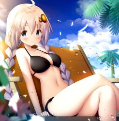 Rule 34 | 1girl, ahoge, bad id, bad pixiv id, bare arms, bare shoulders, bikini, black bikini, blue eyes, blue sky, blurry, blurry foreground, blush, braid, breasts, chair, closed mouth, cloud, cloudy sky, collarbone, crossed legs, day, depth of field, feet out of frame, hair between eyes, hair ornament, kizuna akari, long hair, lounge chair, medium breasts, murano, navel, outdoors, palm tree, silver hair, sky, solo, star (symbol), swimsuit, tree, twin braids, twintails, very long hair, voiceroid, water drop