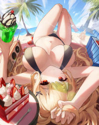 Rule 34 | 1girl, absurdres, arm up, bare arms, bare shoulders, barefoot, beach, bikini, black bikini, blonde hair, breasts, breasts apart, cake, cake slice, closed mouth, day, food, halterneck, highres, holding, holding hair, josal, large breasts, legs up, lying, navel, on back, original, outdoors, red eyes, skindentation, smile, solo, stomach, string bikini, sunlight, swimsuit, thighs, tropical drink, upside-down