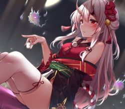 Rule 34 | 1girl, blush, closed mouth, cup, fang, gold trim, hair between eyes, highres, holding, holding cup, hololive, horns, japanese clothes, kouhaku nawa, long hair, looking away, mask, mask on head, nakiri ayame, nakiri ayame (1st costume), obi, oni mask, red eyes, rope, sash, shimenawa, sitting, skin-covered horns, solo, thighhighs, thighs, toyosaki shu, virtual youtuber, white hair, white thighhighs