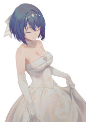 Rule 34 | 1girl, alice gear aegis, bare shoulders, blue hair, bow, breasts, choker, cleavage, closed eyes, commentary, dress, elbow gloves, gloves, hair bow, hair ornament, hairclip, highres, large breasts, long dress, mia voisin, pinakes, short hair, simple background, skirt hold, sleeveless, sleeveless dress, smile, solo, strapless, strapless dress, wedding dress, white background, white choker, white dress, white gloves