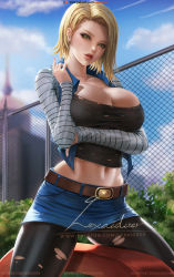 Rule 34 | 1girl, alternate breast size, android 18, arm under breasts, belt, black pantyhose, blonde hair, blue sky, breasts, brown belt, bush, chain-link fence, cleavage, cloud, commentary, cowboy shot, day, denim, denim jacket, denim skirt, dragon ball, dragonball z, earrings, english commentary, facing viewer, fence, green eyes, jacket, jewelry, large breasts, lexaiduer, looking at viewer, midriff, miniskirt, navel, outdoors, pantyhose, parted lips, shirt, short hair, skirt, sky, solo, standing, toned, torn clothes, torn pantyhose, torn shirt