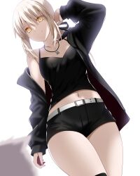 Rule 34 | 1girl, artoria pendragon (all), artoria pendragon (fate), bare shoulders, black camisole, black jacket, black ribbon, black shorts, blonde hair, breasts, camisole, cavall the 2nd, cleavage, collarbone, dog, engo (aquawatery), fate/grand order, fate (series), hair ribbon, highres, jacket, jewelry, long hair, long sleeves, looking at viewer, low ponytail, medium breasts, necklace, off shoulder, open clothes, open jacket, ribbon, saber alter, saber alter (ver. shinjuku 1999) (fate), short shorts, shorts, sidelocks, smile, solo focus, thighs, yellow eyes