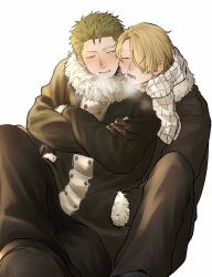 Rule 34 | 2boys, black gloves, black pants, blonde hair, blush, breath, checkered clothes, checkered scarf, chimaaa333, closed eyes, crossed arms, facial hair, figure four sitting, fur-trimmed jacket, fur trim, gloves, green hair, hair over one eye, highres, jacket, looking at another, male focus, multiple boys, one eye closed, one piece, open mouth, pants, roronoa zoro, sanji (one piece), scarf, short hair, sitting between lap, sleeping, sleeping on person, white background, yaoi