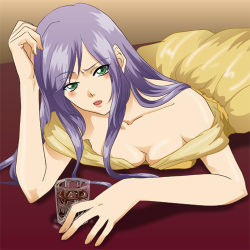 Rule 34 | 1990s (style), 1girl, 9646emily, alternate costume, bad id, bad pixiv id, blush, breasts, cleavage, cup, dress, drunk, faris scherwiz, female focus, final fantasy, final fantasy v, glass, gradient background, green eyes, large breasts, long hair, lowres, lying, purple hair, retro artstyle, solo