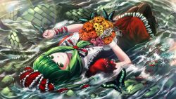Rule 34 | 1girl, arm ribbon, autumn leaves, bad id, bad pixiv id, black footwear, boots, bouquet, bug, butterfly, butterfly on hand, collar, dress, flower, frilled collar, frilled dress, frilled shirt collar, frills, green eyes, green hair, hair ribbon, highres, in water, insect, kagiyama hina, knee boots, knees together feet apart, lens flare, long hair, looking at viewer, lying, matching hair/eyes, mo ne, on back, pantyhose, puffy short sleeves, puffy sleeves, red dress, ribbon, ruins, short sleeves, smile, solo, sparkle, stream, sunlight, touhou, water