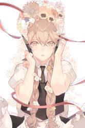 Rule 34 | 1girl, apron, bad id, bad pixiv id, black necktie, black skirt, black vest, blush, braid, brown eyes, brown flower, brown hair, commentary request, flower, frilled apron, frills, hair between eyes, hair flower, hair ornament, hands up, kirisame marisa, long hair, looking at viewer, low twintails, necktie, parted lips, pig ggul, puffy short sleeves, puffy sleeves, red ribbon, ribbon, shirt, short sleeves, skirt, solo, touhou, twin braids, twintails, very long hair, vest, waist apron, white apron, white background, white flower, white shirt, yellow flower