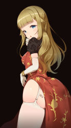 Rule 34 | 1girl, black background, blonde hair, blue eyes, blunt bangs, blush, bracelet, breasts, dress, elbow gloves, from behind, garter straps, gloves, haapi jang p, highres, jewelry, long hair, looking at viewer, medium breasts, parted lips, princess (princess principal), princess principal, puffy short sleeves, puffy sleeves, red dress, see-through, short sleeves, side slit, skindentation, solo, standing, thighhighs, white gloves