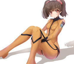 Rule 34 | 10s, 1girl, avy417, bad id, bad pixiv id, bodysuit, breasts, brown eyes, brown hair, looking at viewer, misaki yuria, shadow, shiny clothes, sitting, skin tight, small breasts, solo, twintails, uchuu senkan yamato, uchuu senkan yamato 2199, uniform
