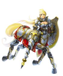 Rule 34 | 1girl, android, antenna hair, armor, barding, blonde hair, blunt bangs, breastplate, breasts, centaur, centaur knight, chainmail, cleavage, commentary request, commission, full armor, full body, gauntlets, highres, holding, holding lance, holding polearm, holding shield, holding weapon, hooves, horse tail, knight, lance, large breasts, level-00, long hair, looking up, mechanical parts, multiple legs, original, pauldrons, polearm, red eyes, shield, shin guards, shoulder armor, sidelocks, simple background, smile, solo, standing, tail, taur, thick eyebrows, weapon, white background