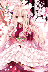 Rule 34 | 1girl, animal ears, bow, brown eyes, closed mouth, collar, commentary request, dog ears, floral print, flower, hair between eyes, hair flower, hair ornament, hair ribbon, japanese clothes, kemonomimi mode, kimono, light brown hair, long hair, long sleeves, looking at viewer, nanase kureha, nanase nao, obi, original, pink flower, pink kimono, print kimono, purple bow, purple ribbon, red collar, ribbon, sash, sleeves past wrists, solo, very long hair, wide sleeves