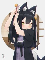 Rule 34 | 1girl, :o, animal ear fluff, animal ears, bell, black hair, blush, chromatic aberration, commentary request, fox ears, fox girl, fox tail, green eyes, grey background, hair bell, hair between eyes, hair ornament, highres, japanese clothes, jingle bell, kimono, kuro kosyou, long hair, looking at viewer, obi, open clothes, original, parted lips, purple kimono, sash, short sleeves, solo, tail, twintails, tying hair, upper body, wide sleeves, yui (kuro kosyou)