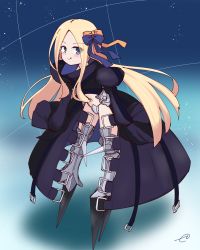 Rule 34 | 1girl, :q, abigail williams (fate), black jacket, blonde hair, blue bow, blue eyes, blush, bow, closed mouth, commentary request, cosplay, crotch plate, eyes visible through hair, fate/extra, fate/extra ccc, fate/grand order, fate (series), forehead, full body, hair bow, highres, jacket, juliet sleeves, kujou karasuma, long hair, long sleeves, looking at viewer, meltryllis (fate), meltryllis (fate) (cosplay), navel, orange bow, parted bangs, puffy sleeves, signature, sleeves past fingers, sleeves past wrists, smile, solo, spikes, standing, tongue, tongue out, v-shaped eyebrows, very long hair