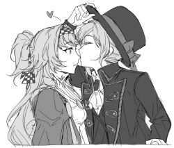 Rule 34 | 2girls, ascot, checkered hairband, coat, dress, from side, greyscale, gyeol 124, hat, heart, high collar, highres, kiss, kissing nose, long hair, long sleeves, monochrome, multiple girls, parted lips, profile, reverse:1999, sonetto (reverse:1999), top hat, two side up, upper body, vertin (reverse:1999), yuri