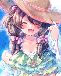 Rule 34 | 1girl, :d, ^ ^, bikini, black hair, blush, breasts, brown hat, cleavage, closed eyes, day, facing viewer, fang, green bikini, hair between eyes, hair ornament, hair scrunchie, hands up, hat, ittokyu, long sleeves, looking at viewer, low twintails, medium breasts, navel, open mouth, original, pink scrunchie, scrunchie, see-through, see-through sleeves, signature, sleeves past wrists, smile, sun hat, sweat, swimsuit, twintails