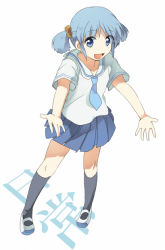Rule 34 | 1girl, black socks, blue eyes, blue hair, blush, copyright name, cube hair ornament, full body, hair ornament, kneehighs, looking at viewer, mary janes, matching hair/eyes, miniskirt, naganohara mio, neckerchief, nichijou, open mouth, outstretched arms, pleated skirt, post, school uniform, serafuku, shoes, short hair, short twintails, skirt, smile, socks, solo, spread arms, standing, takana (nanao), tokisadame school uniform, twintails, uwabaki, white background
