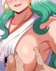 Rule 34 | 1girl, areola slip, armpits, bare shoulders, blush, breasts, collarbone, earrings, grabbing, grabbing another&#039;s breast, green hair, highres, hoop earrings, japanese clothes, jewelry, large breasts, multicolored hair, one piece, open mouth, simple background, ul (gerard990), white background, white hair, yamato (one piece)