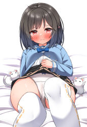Rule 34 | 1girl, ahoge, arms up, black hair, blouse, blush, bow, clothes lift, embarrassed, granblue fantasy, hair ornament, hairclip, hekomii, highres, looking at viewer, medium hair, mouse (animal), on bed, panties, red eyes, shirt, skirt, skirt lift, solo, thighhighs, underwear, vikala (granblue fantasy), white panties