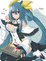 Rule 34 | 1girl, angel wings, arc system works, arcade stick, asymmetrical wings, bare shoulders, black legwear, black panties, blue hair, blush, breasts, buttons, choker, cleavage, cleavage cutout, closed mouth, clothing cutout, collarbone, controller, detached sleeves, dizzy (guilty gear), eating, food, game controller, guilty gear, guilty gear xrd, hair between eyes, hair ribbon, hair rings, highres, joystick, large breasts, mariebell, midriff, monster girl, navel, panties, red eyes, ribbon, seiza, signature, simple background, sitting, solo, tail, thigh strap, twintails, underwear, wide sleeves, wings, yellow ribbon