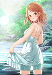 Rule 34 | 1girl, back, blush, breasts, brown eyes, brown hair, commentary request, day, dress, eyebrows hidden by hair, facing viewer, forest, grass, highres, hojo karen, holding, holding clothes, holding dress, idolmaster, idolmaster cinderella girls, lens flare, medium breasts, medium hair, mk (mod0), nature, open mouth, outdoors, river, rock, see-through, sleeveless, soaking feet, solo, sundress, swept bangs, tree, wading, water