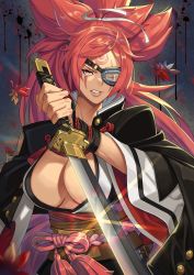 Rule 34 | 1girl, baiken, breasts, cleavage, eyepatch, facial tattoo, female focus, guilty gear, guilty gear strive, guilty gear xx, highres, japanese clothes, katana, kimono, large breasts, long hair, multicolored clothes, multicolored kimono, one-eyed, pink hair, ponytail, red eyes, sash, scar, scar across eye, scar on face, solo, sword, tattoo, weapon, white kimono