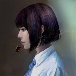 Rule 34 | 1girl, black hair, blue necktie, blunt bangs, bob cut, candy, chocolate, chocolate bar, collarbone, commentary request, expressionless, eyelashes, food, from side, grey eyes, lips, necktie, nose, original, pink lips, profile, shirt, short hair, solo, striped necktie, striped neckwear, upper body, wataboku, white shirt, wing collar