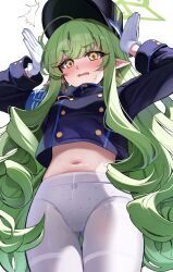 Rule 34 | 1girl, ^^^, absurdres, armband, arms up, blue archive, blue armband, blue shirt, blush, commentary, cropped shirt, from below, gloves, gluteal fold, green hair, halo, hat, hikari (blue archive), highres, long hair, long sleeves, navel, open mouth, panties, panties under pantyhose, pantyhose, peaked cap, pointy ears, polka dot, polka dot panties, sak (lemondisk), shirt, simple background, solo, stomach, sweat, symbol-only commentary, underwear, wavy hair, wavy mouth, white background, white gloves, white panties, white pantyhose, yellow eyes, yellow halo