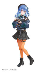 Rule 34 | 1girl, beret, black footwear, black hat, black shirt, black skirt, blue eyes, blue hair, blue jacket, blush, boots, bow, breasts, camera, closed mouth, commentary request, copyright notice, cross-laced footwear, full body, green bow, hair between eyes, hat, higeneko, high heel boots, high heels, holding, holding camera, hololive, hoshimachi suisei, hoshimachi suisei (streetwear), jacket, lace-up boots, long hair, long sleeves, off shoulder, official art, one side up, open clothes, open jacket, orange pantyhose, pantyhose, pleated skirt, puffy long sleeves, puffy sleeves, shirt, simple background, skirt, sleeves past wrists, small breasts, smile, solo, standing, standing on one leg, thigh strap, virtual youtuber, white background